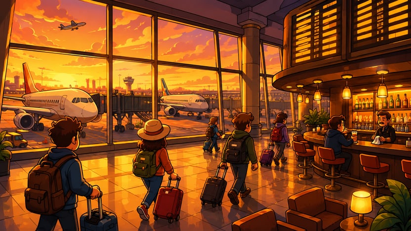 LAST CALL's second map — an airport terminal bar at sunset where travellers with rolling suitcases pass the gate lounge in this free reverse tower defense game.