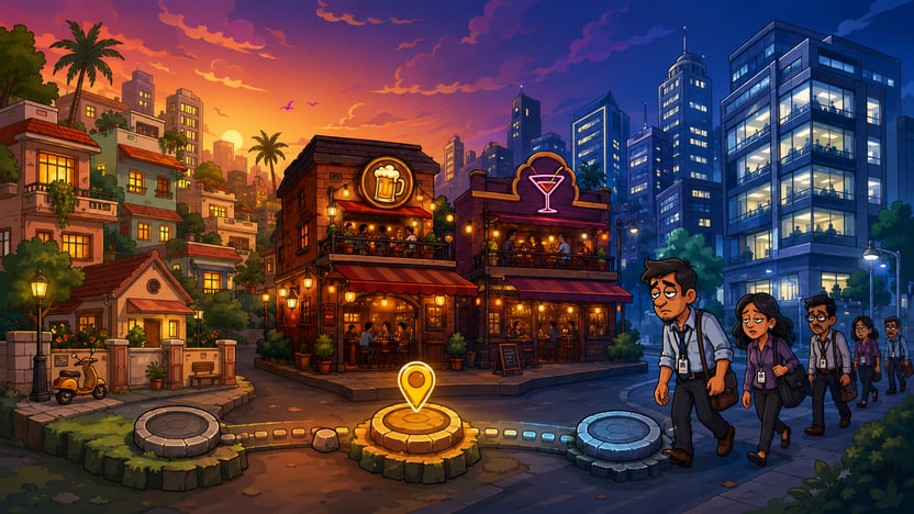 LAST CALL reverse tower defense game — a dusk Bengaluru street lined with glowing pubs and bars, with tired office-workers walking home past the plots where you build your bars.